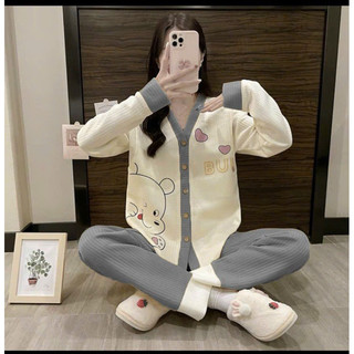 Pijama pha ren ngực cho mẹ mặc sau sinh, đồ bộ bầu cho con bú Chất liệu đũi xốp dày dặn cho mùa thu đông