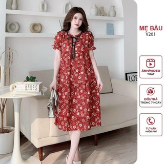 Váy đầm bầu tiểu thư phối hoa nhí cực xinh chất voan lụa đẹp - đầm bầu mùa hè xinh mặc trước và sau sinh freesize