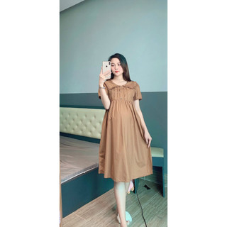 Váy bầu đầm bầu thời trang dáng suông chất đũi tay ngắn có cổ xinh