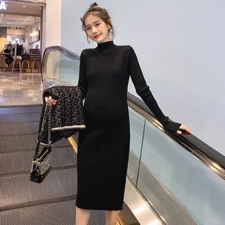 Váy bầu Body đen - Đầm bầu Body Cổ 3P Chất Len Tăm Dáng Dài