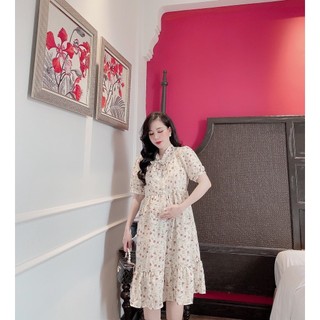 váy bầu suông nữ hoa lụa dáng rộng tay phồng-VB269