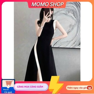 Đầm body dáng dài xẻ tà phối viền trắng tay sác nách cổ tròn TK mới cực sang chảnh