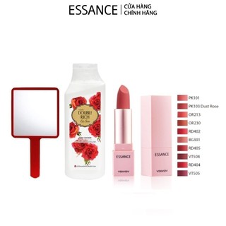 Combo Son lì lâu trôi Essance Lip Rouge Velvet 3.5g, Gương cầm tay VDIVOV & Sữa tắm Double Rich hương hoa 200ml