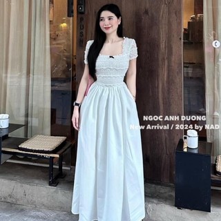 Váy ren cổ vuông phối chân thô