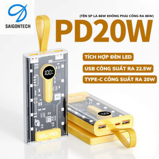 Sạc dự phòng trong suốt Power bank 20000mah với 4 cổng sạc nhanh 22,5W và PD 120W, pin dự phòng sẵn 4 đầu dây cực bền