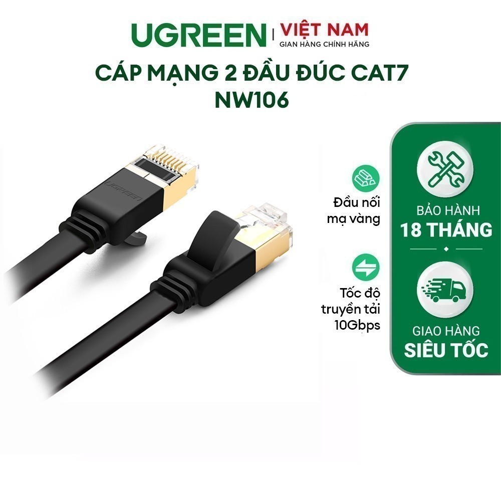 Cáp mạng 2 đầu đúc Cat7 UTP Patch Cords dạng dẹt UGREEN NW106 | Đầu nối mạ vàng | Vật liệu chất lượng cao | BH 18 Tháng