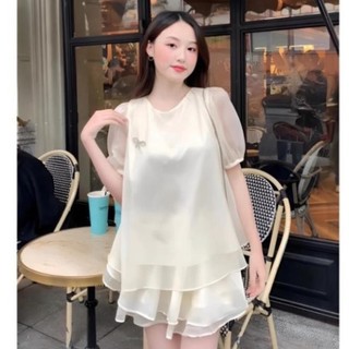 Set áo tơ kèm chân váy xòe hai tầng, bộ áo kiểu có nơ cài đá chân váy xinh a27