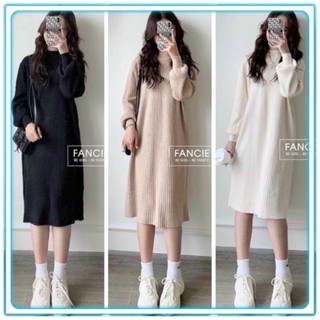 Váy len tay bồng dáng suông chất len tăm mịn cổ cao, Đầm nữ dài cổ tròn mùa thu đông 3 màu_SP