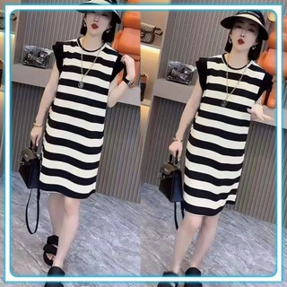 Váy Len suông kẻ to nhỏ tay hến hàng xịn xò cục xinh cho nàng, Đầm nũ cổ tròn ba lỗ phối kẻ dáng suông - SP