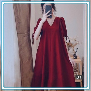 Đầm Suông Vải Mềm From Rộng ,Váy Đũi Buộc Nơ Tay Bồng Cổ Tim Siêu Mát_SP