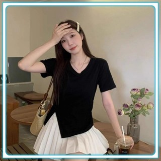 Áo thun nữ ngắn tay, Áo xẻ tà nữ cổ chữ V chất vải thun co giãn,phong cách Hàn Quốc, basic dễ mặc dễ phối đồ