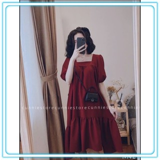 Đầm Suông Xếp Ly Phong cách Trẻ Tiêu Thư , Váy đuôi cá cổ vuông chất đũi mềm_SP