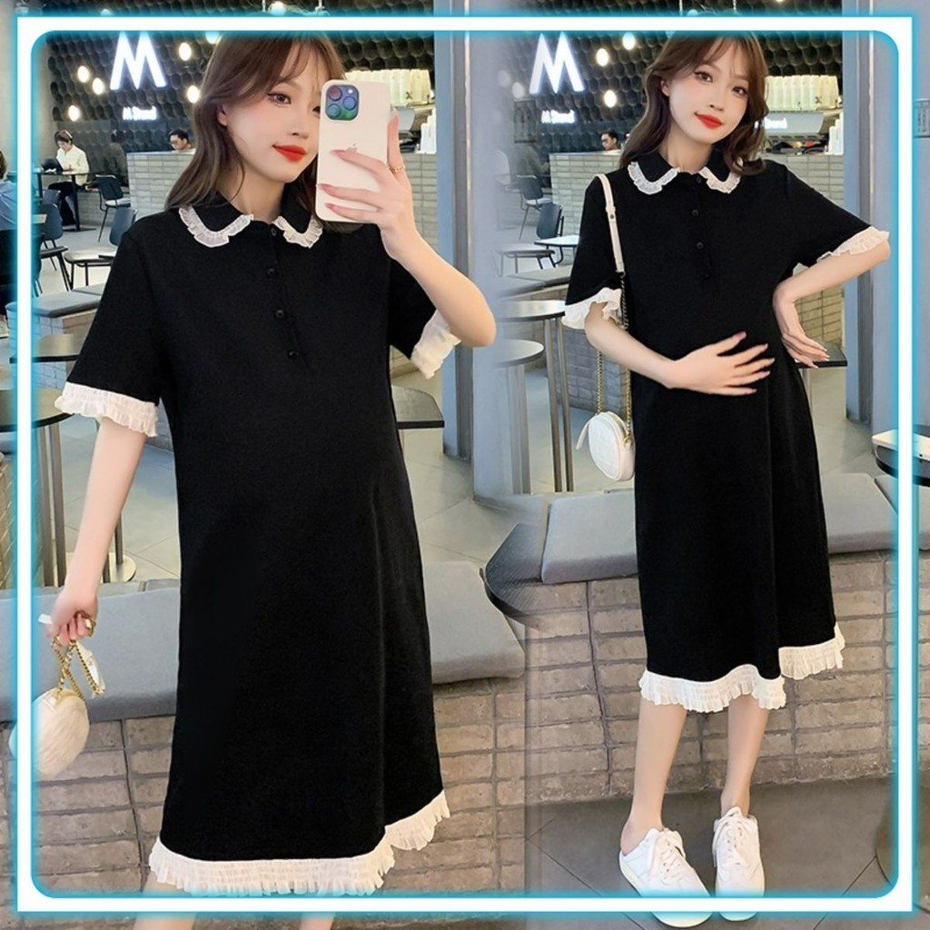 Váy , Đầm Polo Dáng Suông Cổ Sen Phối Viền Bèo Sang Chảnh Dáng Dài_SP