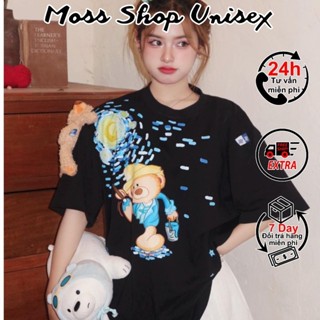 Áo thun tay lỡ vai đính gấu họa tiết gấu teddy MOSSSHOP - Áo phông nam nữ phong cách cháy phố ulzzang form rộng 65kg