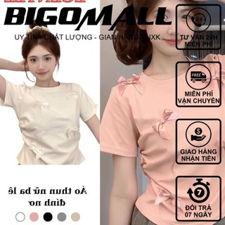 Áo thun croptop ngắn tay đính nơ 3 màu Đen-Hồng-Trắng phiên bản Hàn Quốc Ngọt ngào