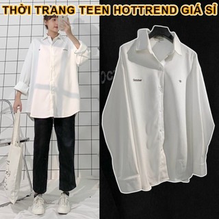 Áo sơ mi nam nữ dài tay Trắng_Đen chữ thêu Otocber HOTTREND
