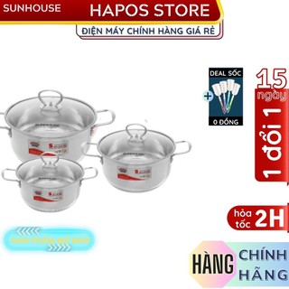 Bộ 3 nồi inox 304 sunhouse 5 đáy chính hãng, chống dính bếp từ shg788 dùng được bếp ga - hapos official