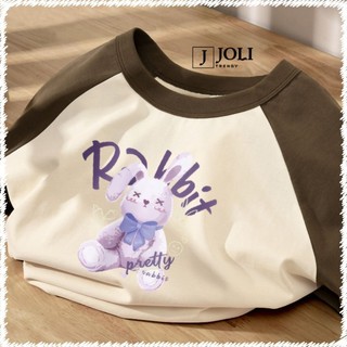 Áo Thun Nữ, Áo Raglan Tee Unisex Thỏ Nơ Tím Chất Cotton Form Rộng Cho Nam Nữ