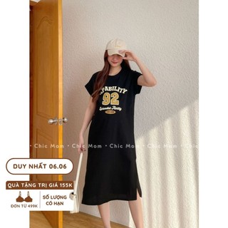 Váy bầu cotton dáng suông đầm bầu Freesize từ 55-75kg váy bầu đen cotton dáng suông slogant ĐẦM BẦU CHIC MOM
