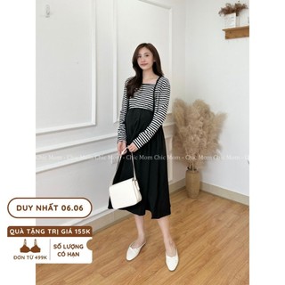 Set babydoll váy bầu kẻ freesize từ 50-65kg váy bbd kẻ + áo khoác nhẹ đầm bầu chic mom