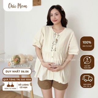 Áo smi bầu công sở Áo smi babydoll freesize đến 55-75kg Áo smi babydoll trắng thêu hoa ở nẹp ĐẦM BẦU CHIC MOM