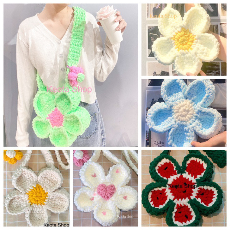 Túi Len Hoa mini 25cm- Bloom Flower Bag handmade TẶNG kèm hoa nhỏ 🌷🌷