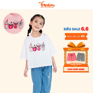 Áo thun ngắn tay bé gái Rabity hình in cốc trà sữa dễ thương áo thun form rộng tay lỡ cho bé gái đi học 93428