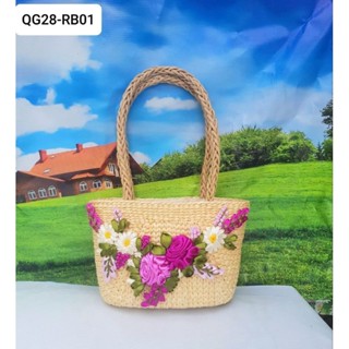  Túi cói lục bình quai giấy size 28 đính hoa thêu ruy băng-túi xách nữ đi chơi đi tiệc 