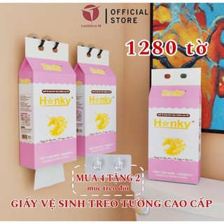 Giấy Rút Vệ Sinh Treo Tường Hanky Cao Cấp 1 Bịch 1280 Tờ 4 Lớp Tan Trong Nước Thùng 4 Túi Tặng 2 Móc Treo Tường