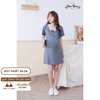 Váy bầu cotton, lá cổ trắng