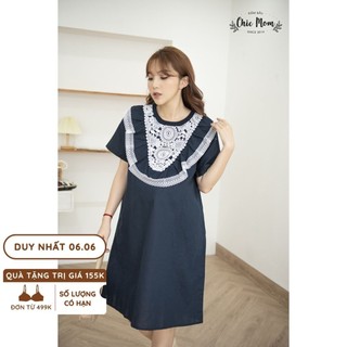 Váy bầu xanh linen, cổ bèo trắng