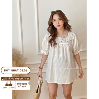 Aó bầu thô cổ vuông thêu viền cổ navy