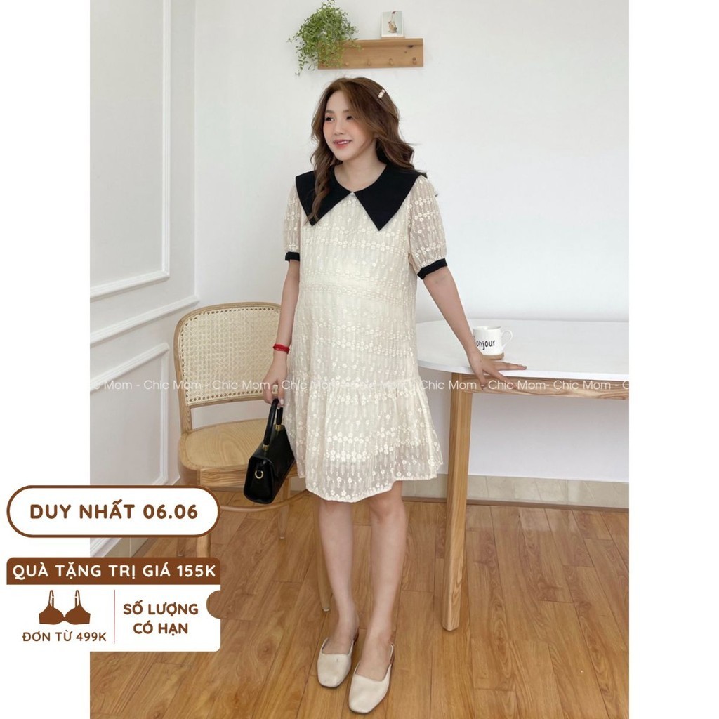 Váy bầu ren đuôi cá trắng cổ đen