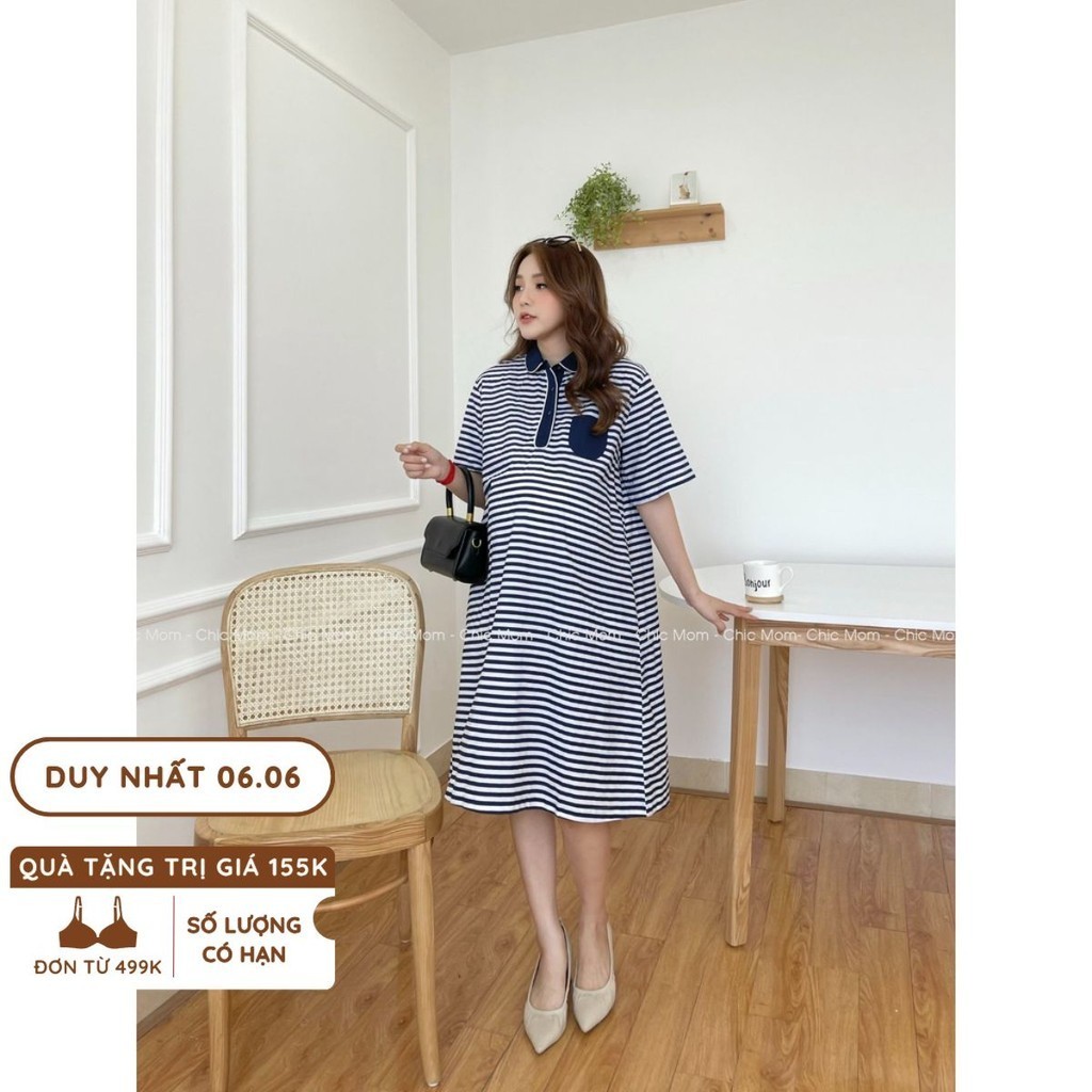 Váy bầu thô kẻ ngang cổ đức
