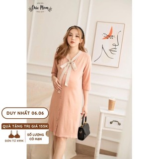 Váy bầu len khuy thắt nơ nữ xinh đầm bầu công sở dáng dài freesize 50- 75kg đầm bầu chic mom