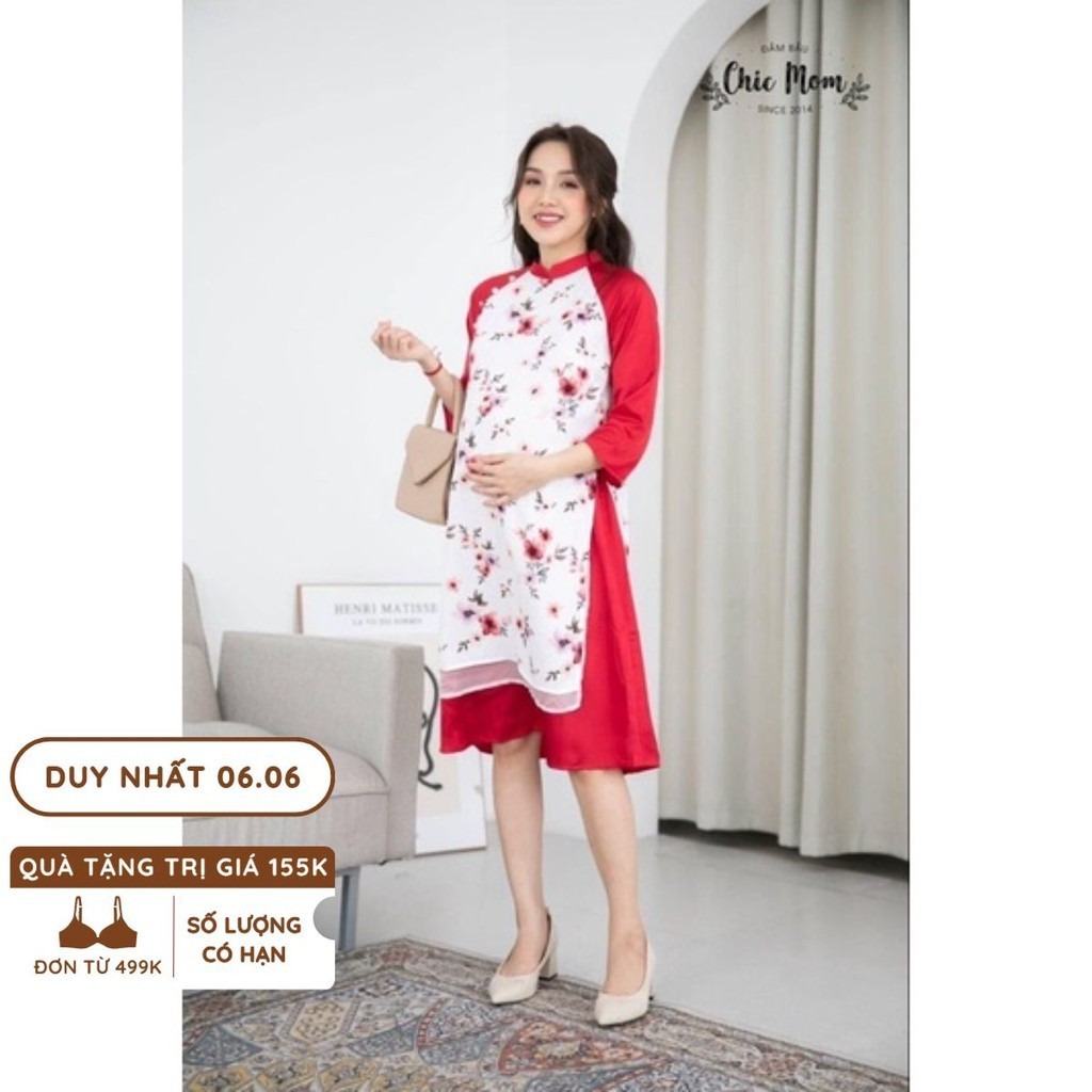 Áo dài Mẹ Bầu trắng , hoa đỏ
