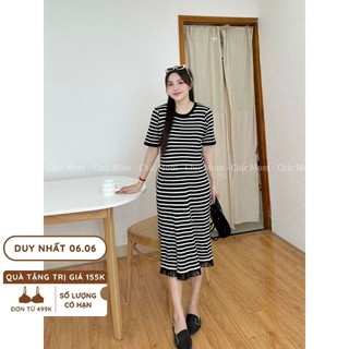Đầm bầu len suông váy bầu freesize từ 50 - 80kg váy len kẻ ngang, gấu tua rua đầm bầu chic mom