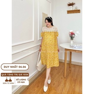 Váy bầu babydoll nữ xinh đầm bầu dáng suông họa tiết hoa nhí vai ren freesize từ 60- 80kg ĐẦM BẦU CHIC MOM