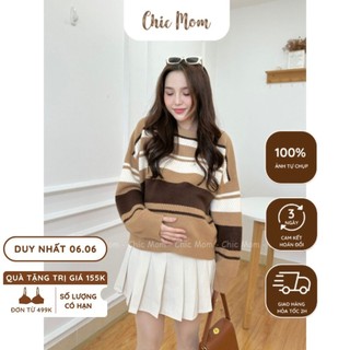 Áo len bầu áo len kẻ co giãn freesize đến 55-75kg áo len kẻ be nâu đầm bầu chic mom