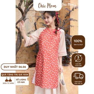 Áo dài bầu nữ xinh áo dài bầu cách tân dáng suông chất nhung hoa nhí vintage mặc dự tiệc cưới hỏi lễ tết ĐẦM BẦU CHICMOM