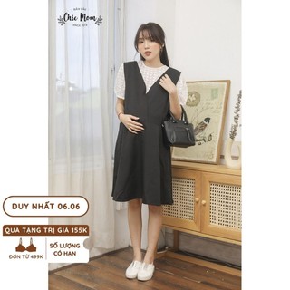 Váy bầu yếm nữ xinh đầm yếm bầu công sở đen áo ren trắng freesize tới 60kg ĐẦM BẦU CHIC MOM