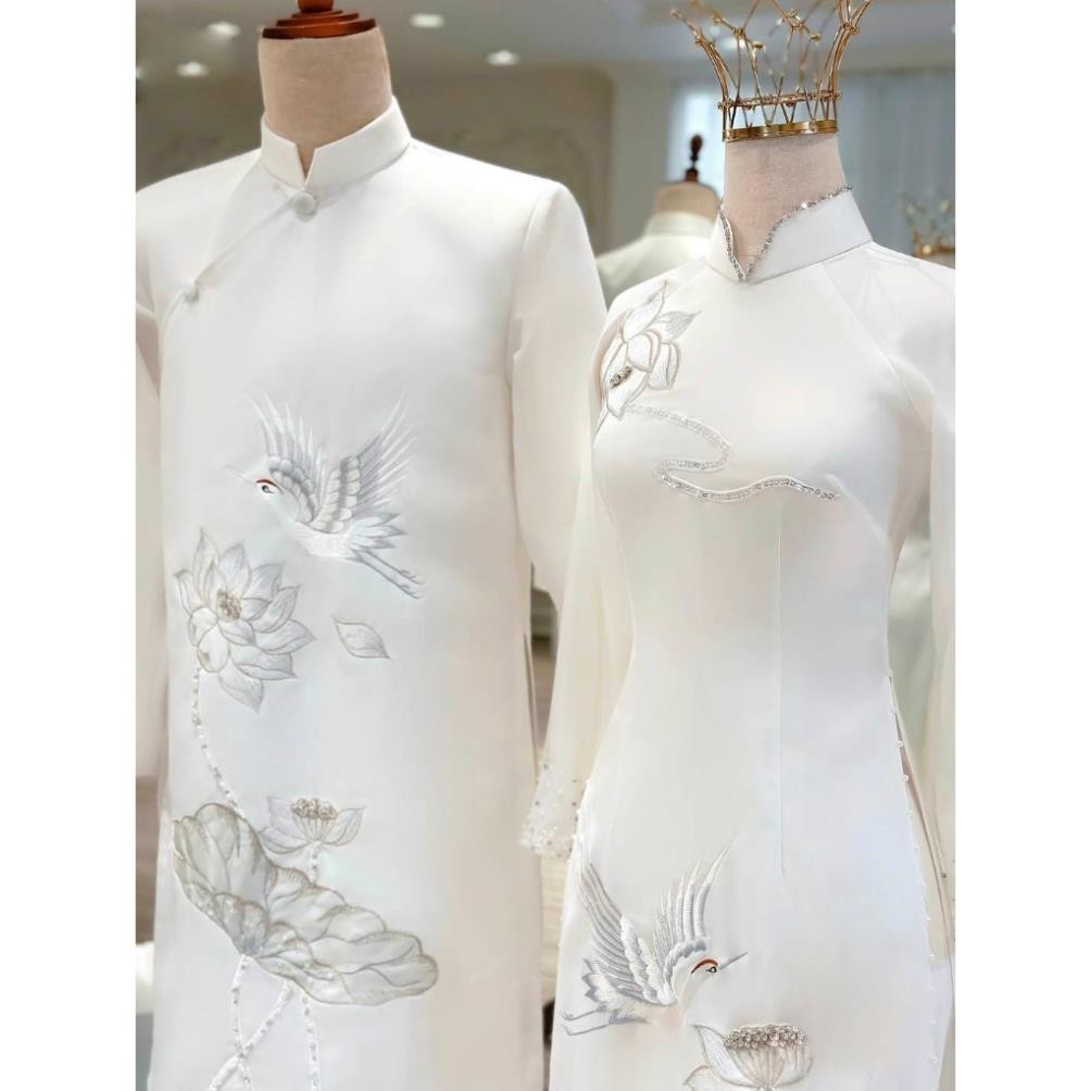 Áo dài cưới, áo dài cô dâu chú rể, áo dài cặp màu trắng đính kết sang trọng, Áo Dài Dâu LUXURY mã AD1290