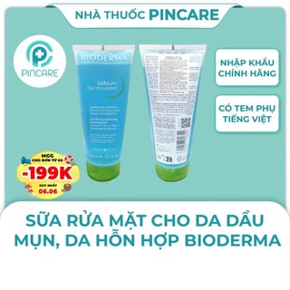 Sữa rửa mặt cho da dầu mụn Bioderma Sebium Gel Moussant (Xanh) 200ml - Có bill chính hãng - Nhà thuốc PinCare