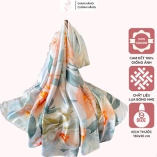Khăn choàng lụa cao cấp họa tiết xanh ngọc hoa cam bản to 180x90cm sang trọng, Khăn quàng cổ lụa bóng nhẹ tự nhiên