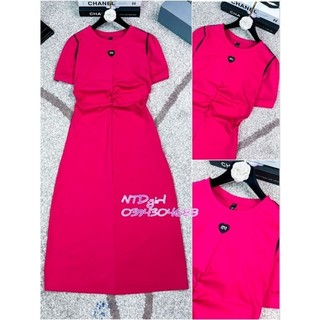 [562024]  Hàng nhập - Đầm dáng ôm thun cotton cổ tròn tay ngắn phối viền đen, váy body Quảng Châu họa tiết trái tim