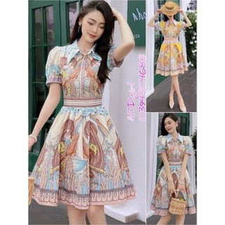[562024]  Hàng nhập - Đầm dáng xòe lụa cổ sơ mi tay ngắn, váy dự tiệc Quảng Châu hoa văn lộng lẫy