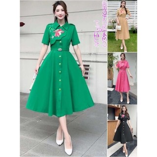 [562024]  Hàng nhập - Đầm dáng xòe kaki mềm mịn mát cổ sơ mi thêu hoa, váy dự tiệc Quảng Châu tay ngắn sang trọng