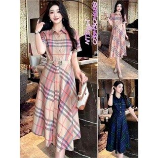 [562024]  Hàng nhập - Đầm dáng xòe cổ sơ mi kẻ BBR tay ngắn, váy Quảng Châu kèm belt cài nút trước