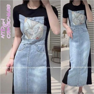 [562024]  Hàng nhập - Đầm dáng ôm jean phối thun họa tiết hoa lá, váy bò Quảng Châu tay ngắn cổ tròn form dài