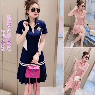 [562024]  Hàng nhập - Đầm dáng suông thun cotton đuôi cá kiểu ngắn, váy xuông cổ polo dây kéo trẻ trung